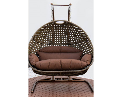 LeisureMod Wicker Hanging Double Egg Beige Swing Chair - Dark Brown