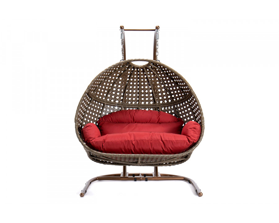 LeisureMod Wicker Hanging Double Egg Beige Swing Chair - Dark Red