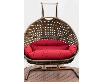 LeisureMod Wicker Hanging Double Egg Beige Swing Chair - Dark Red