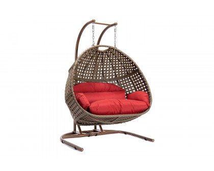 LeisureMod Wicker Hanging Double Egg Beige Swing Chair - Dark Red