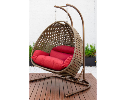 LeisureMod Wicker Hanging Double Egg Beige Swing Chair - Dark Red