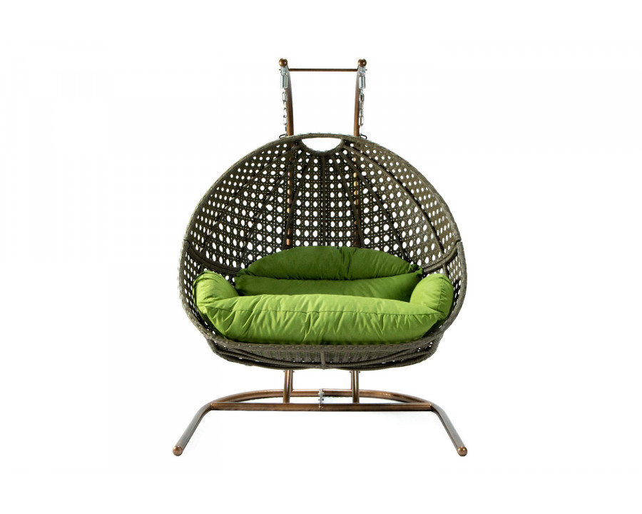 LeisureMod Wicker Hanging Double Egg Beige Swing Chair - Green