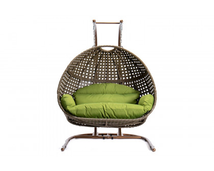 LeisureMod Wicker Hanging Double Egg Beige Swing Chair - Green