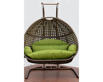 LeisureMod Wicker Hanging Double Egg Beige Swing Chair - Green