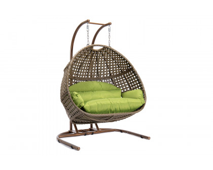 LeisureMod Wicker Hanging Double Egg Beige Swing Chair - Green