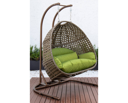 LeisureMod Wicker Hanging Double Egg Beige Swing Chair - Green