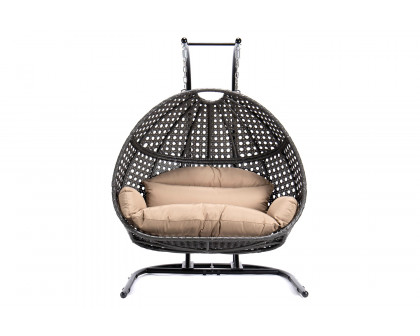 LeisureMod Wicker Hanging Double Egg Beige Swing Chair