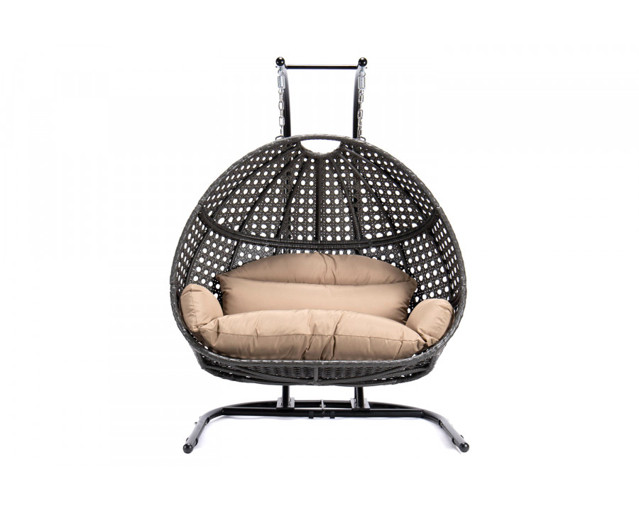 LeisureMod Wicker Hanging Double Egg Charcoal Swing Chair - Brown