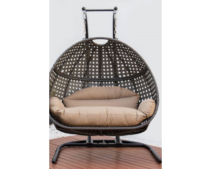 LeisureMod Wicker Hanging Double Egg Charcoal Swing Chair - Brown