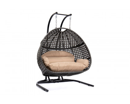 LeisureMod Wicker Hanging Double Egg Charcoal Swing Chair - Brown