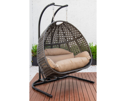 LeisureMod Wicker Hanging Double Egg Charcoal Swing Chair - Brown