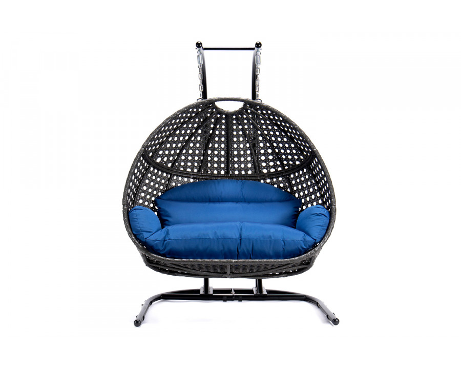 LeisureMod Wicker Hanging Double Egg Charcoal Swing Chair - Blue