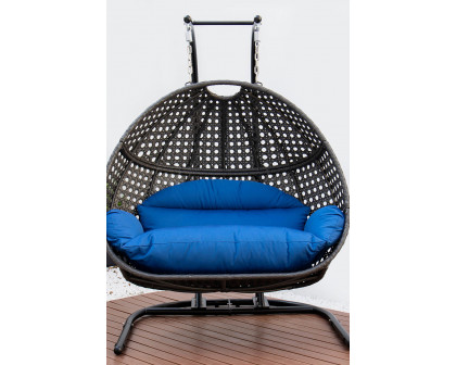 LeisureMod Wicker Hanging Double Egg Charcoal Swing Chair - Blue