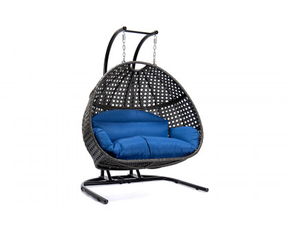 LeisureMod Wicker Hanging Double Egg Charcoal Swing Chair - Blue