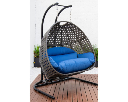 LeisureMod Wicker Hanging Double Egg Charcoal Swing Chair - Blue