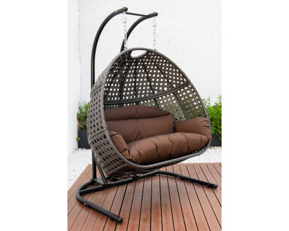 LeisureMod Wicker Hanging Double Egg Charcoal Swing Chair - Dark Brown