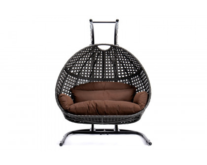 LeisureMod Wicker Hanging Double Egg Charcoal Swing Chair - Dark Brown