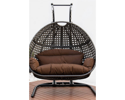 LeisureMod Wicker Hanging Double Egg Charcoal Swing Chair - Dark Brown