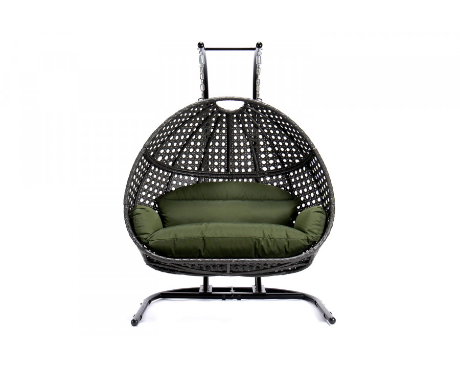 LeisureMod Wicker Hanging Double Egg Charcoal Swing Chair - Dark Green