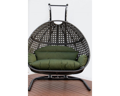 LeisureMod Wicker Hanging Double Egg Charcoal Swing Chair - Dark Green