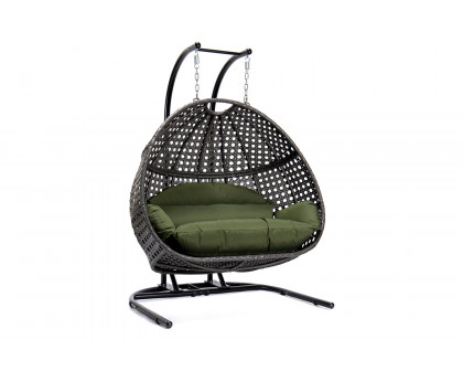 LeisureMod Wicker Hanging Double Egg Charcoal Swing Chair - Dark Green