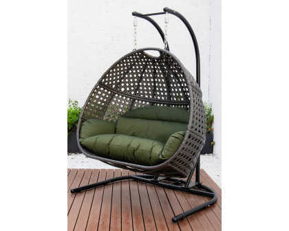 LeisureMod Wicker Hanging Double Egg Charcoal Swing Chair - Dark Green