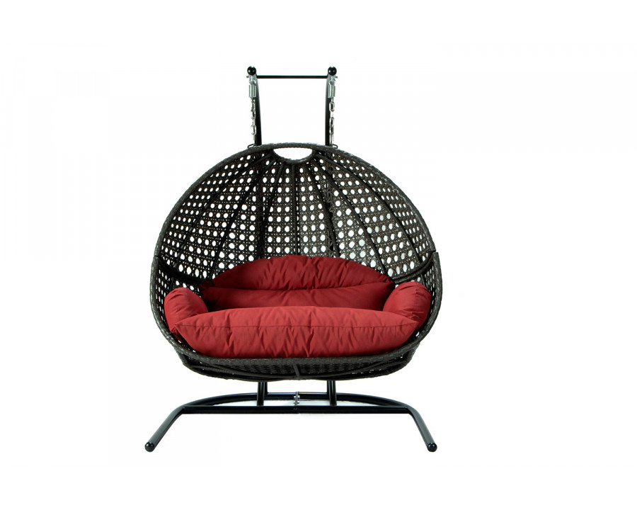 LeisureMod Wicker Hanging Double Egg Charcoal Swing Chair - Dark Red