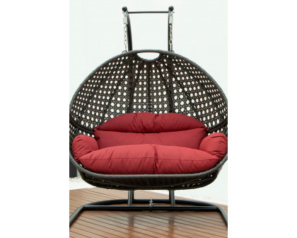 LeisureMod Wicker Hanging Double Egg Charcoal Swing Chair - Dark Red