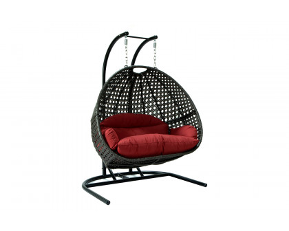 LeisureMod Wicker Hanging Double Egg Charcoal Swing Chair - Dark Red