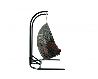 LeisureMod Wicker Hanging Double Egg Charcoal Swing Chair - Dark Red