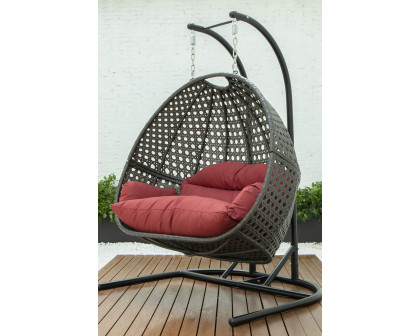 LeisureMod Wicker Hanging Double Egg Charcoal Swing Chair - Dark Red