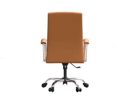 LeisureMod Evander Mid-Century Modern Swivel Office Chair in Faux Leather with Adjustable Height - Acorn Brown