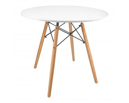 LeisureMod Dover Round Bistro Glass Top Dining Table with Natural Wood Eiffel Base