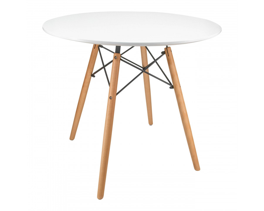 LeisureMod Dover Round Bistro Wood Top Dining Table with Natural Wood Eiffel Base - White