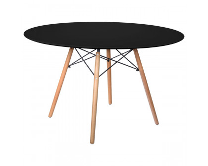 LeisureMod Dover Round Glass Top Dining Table with Natural Wood Eiffel Base