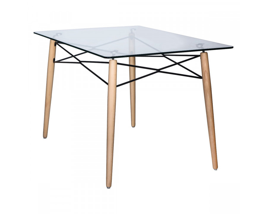 LeisureMod Dover Rectangle Glass Top Dining Table with Natural Wood Eiffel Base