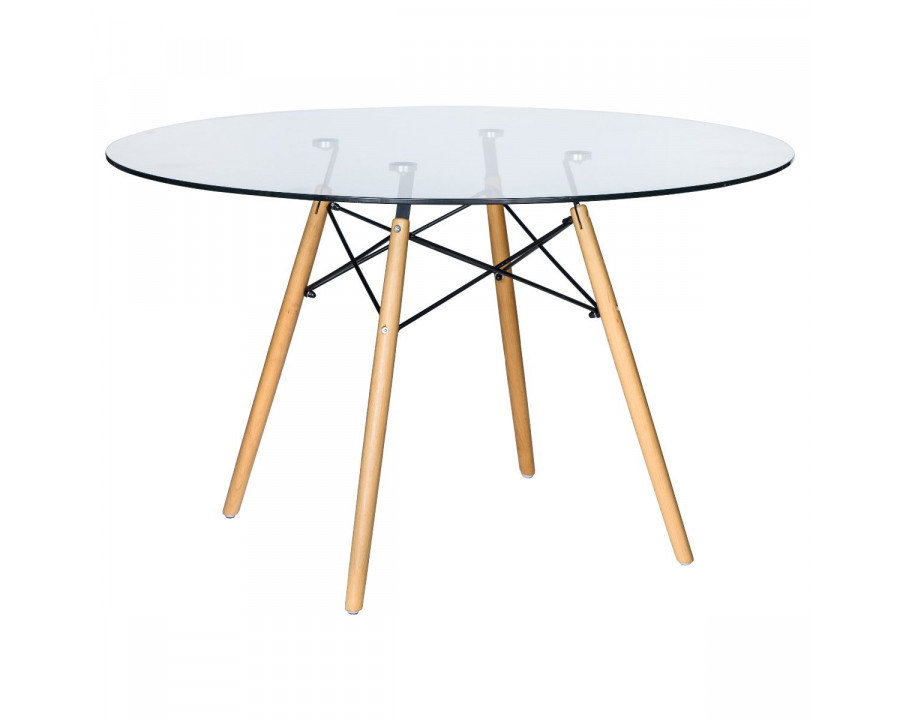 LeisureMod Dover Round Glass Top Dining Table with Natural Wood Eiffel Base - Clear