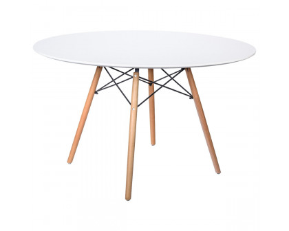 LeisureMod Dover Round Glass Top Dining Table with Natural Wood Eiffel Base