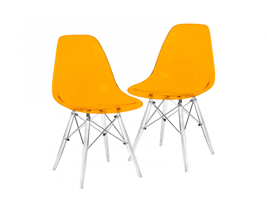 LeisureMod Dover Molded Side Chair With Acrylic Base (Set Of 2) - Transparent Orange