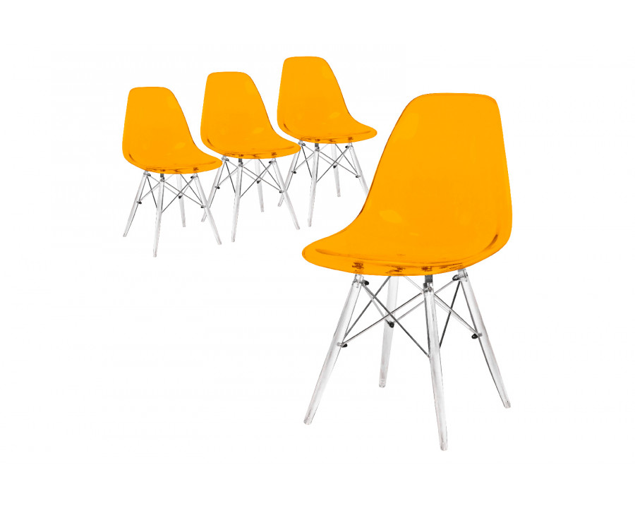 LeisureMod Dover Molded Side Chair With Acrylic Base (Set Of 4) - Transparent Orange