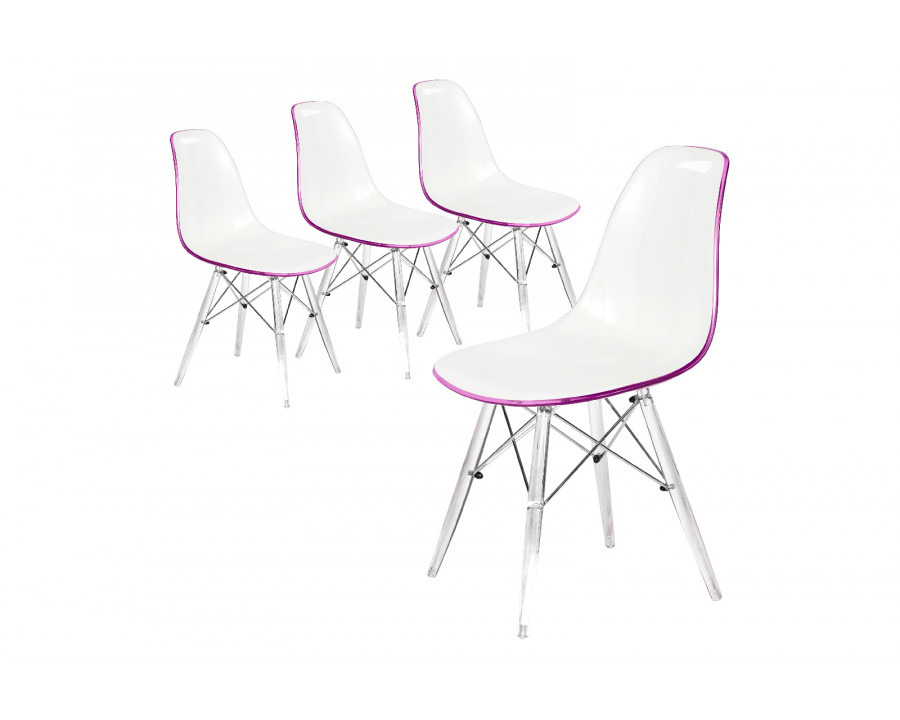 LeisureMod Dover Molded Side Chair With Acrylic Base (Set Of 4) - White Purple