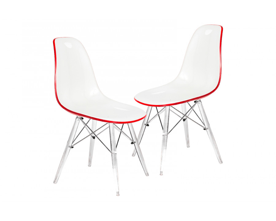 LeisureMod Dover Molded Side Chair With Acrylic Base (Set Of 2) - White Red