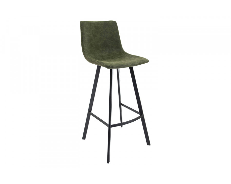 LeisureMod Elland Modern Upholstered Leather Bar Stool with Iron Legs and Footrest - Olive Green