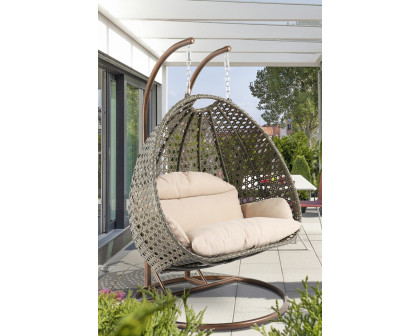 LeisureMod Modern Beige Wicker Hanging Double Seater Egg Swing Chair