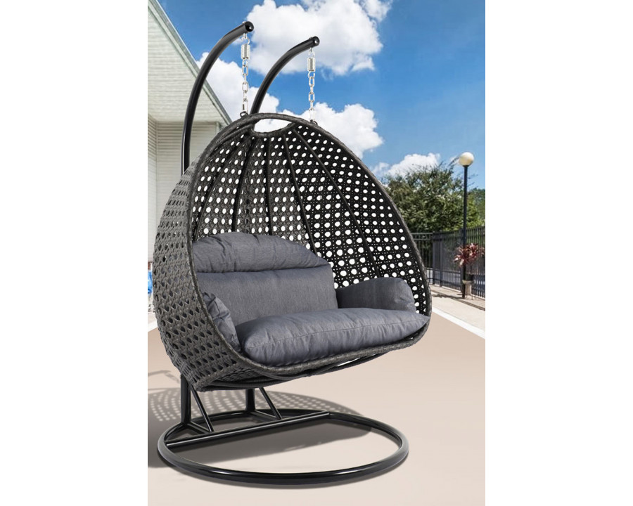 LeisureMod Modern Charcoal Wicker Hanging Double Seater Egg Swing Chair - Charcoal/Blue