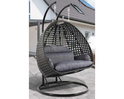 LeisureMod Modern Charcoal Wicker Hanging Double Seater Egg Swing Chair - Charcoal/Blue