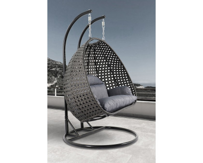 LeisureMod Modern Charcoal Wicker Hanging Double Seater Egg Swing Chair - Charcoal/Blue