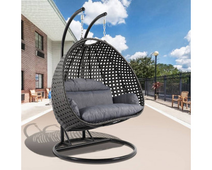 LeisureMod Wicker Hanging 2 person Egg Swing Chair With Outdoor Cover - Charcoal Blue