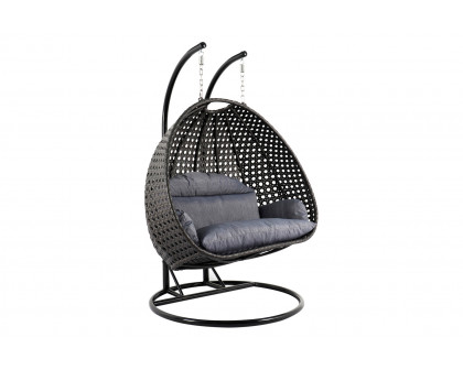 LeisureMod Wicker Hanging 2 person Egg Swing Chair With Outdoor Cover - Charcoal Blue