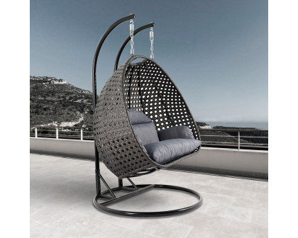 LeisureMod Wicker Hanging 2 person Egg Swing Chair With Outdoor Cover - Charcoal Blue